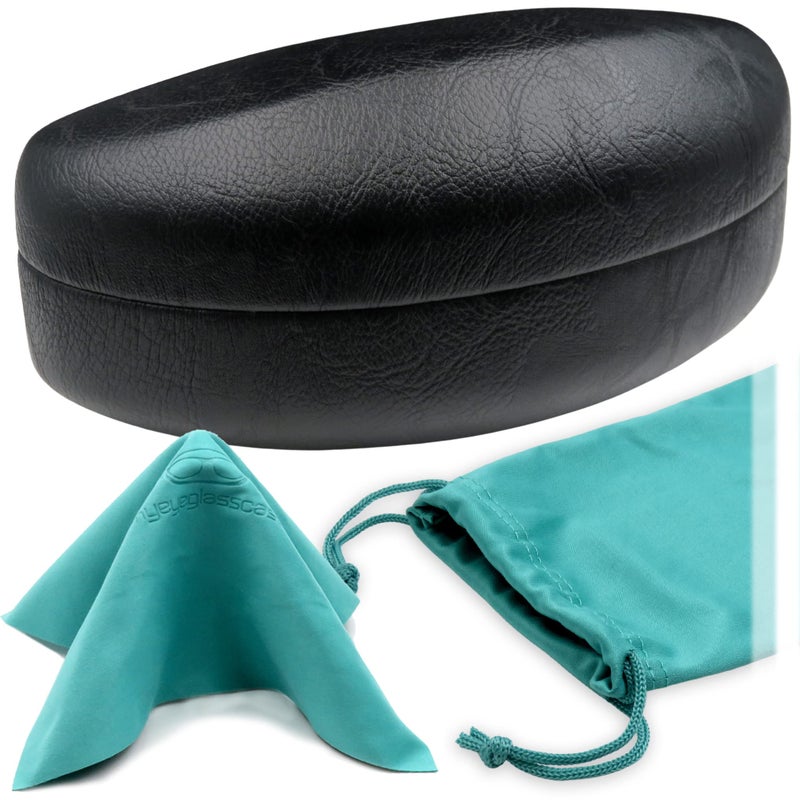 MyEyeglassCase - XL Sunglasses Case for Curved Frames - Large Glasses Holder in an Elegant Classic Design best for Aviators - Womens Eyeglass Case Clam Shell - Drawstring Pouch & Cloth (AS179 Black) - Image 1